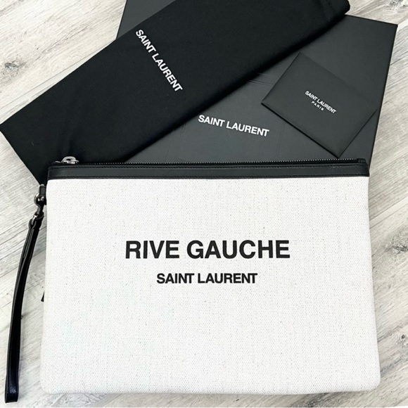 Saint Laurent Natural Linen Canvas Large Wristlet Pouch - Picture 1 of 11